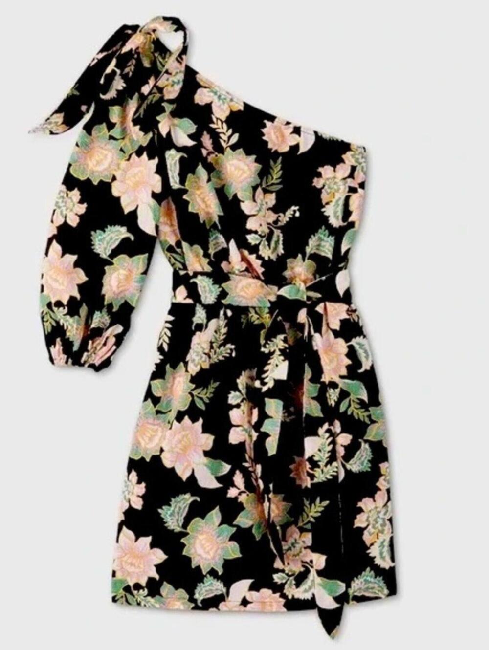 Who What Wear XL Floral One Shoulder Black Pink Linen Blend Mini Dress